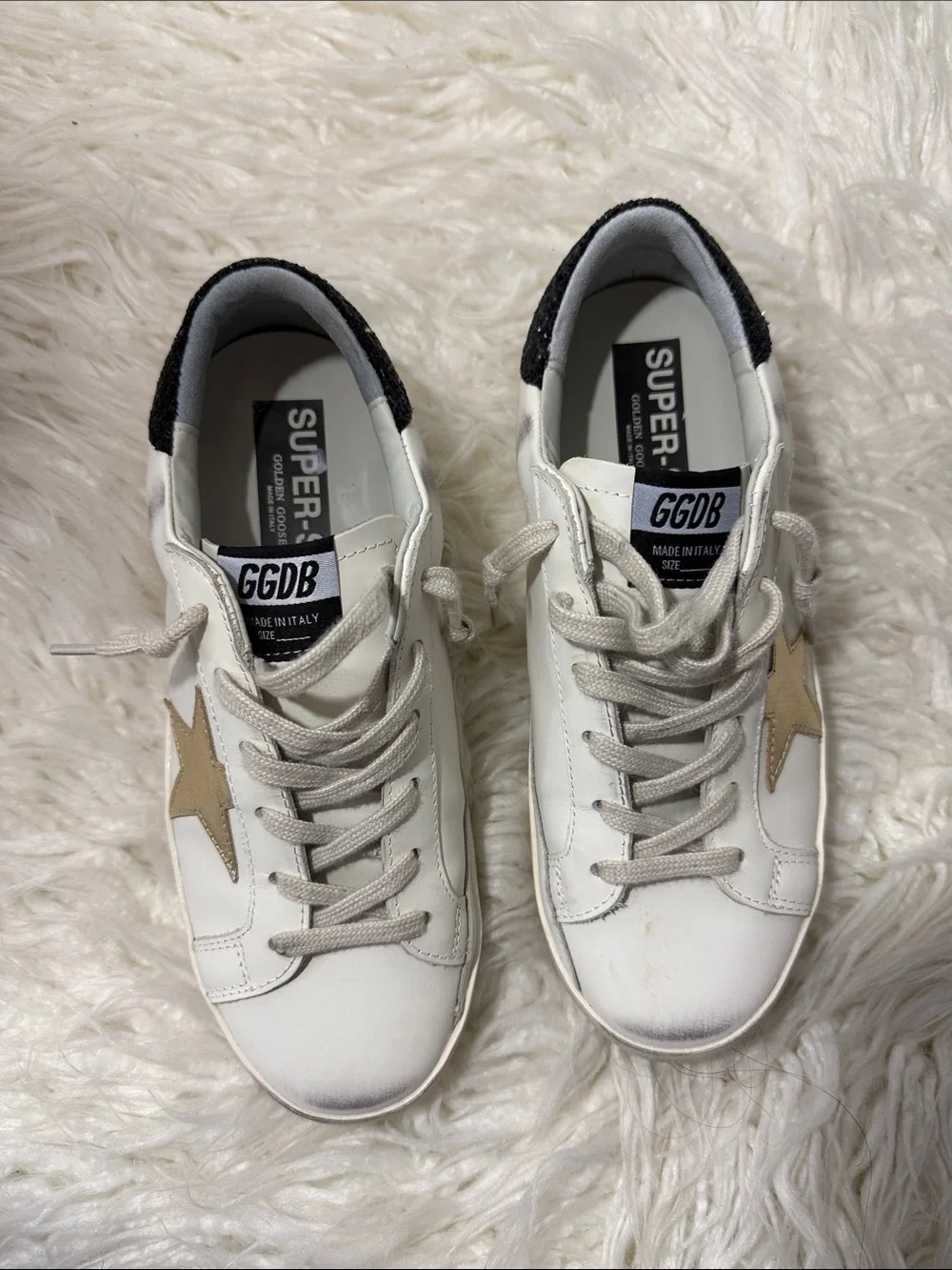 Golden Goose Super Star White Low-Top Sneaker with Beige Star and Black Glitter - Picture 5 of 11